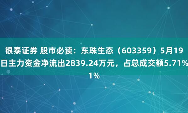 银泰证券 股市必读：东珠生态（603359）5月19日主力资金净流出2839.24万元，占总成交额5.71%
